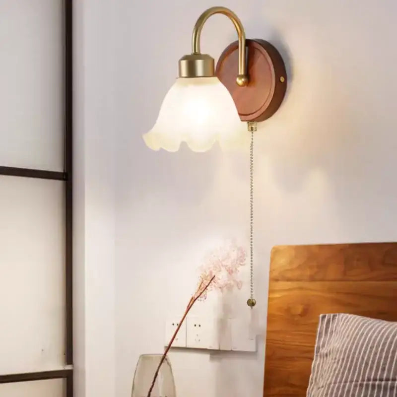 Antique brass and wood led wall light bedroom sconce with glass shade