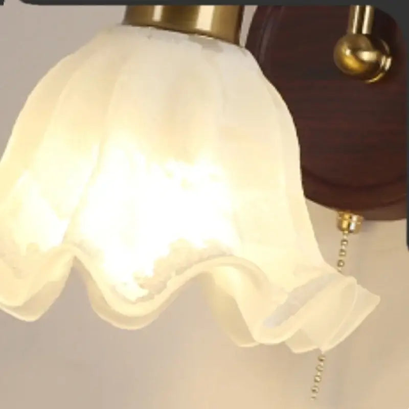 Antique brass and wood led wall light bedroom sconce with glass shade