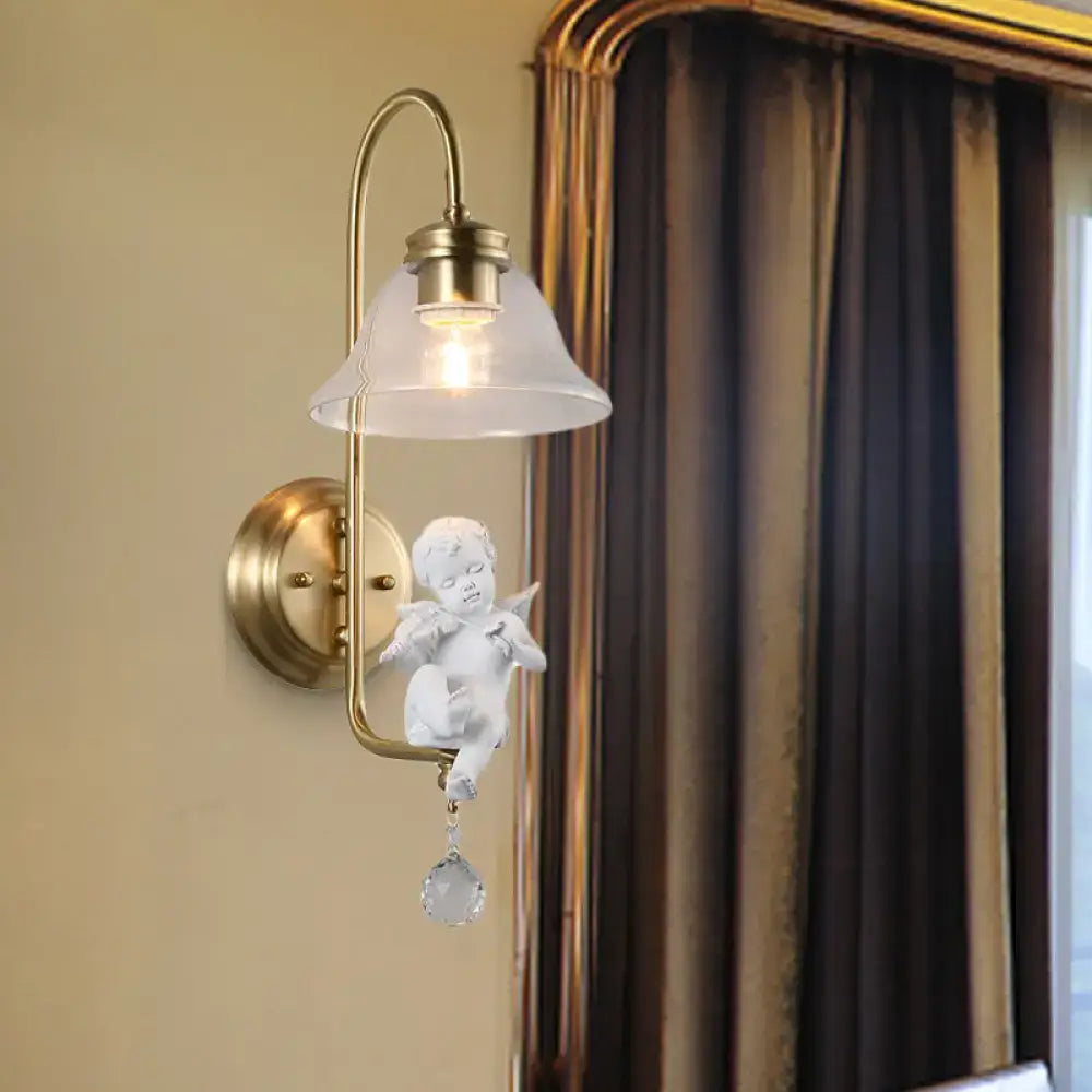 Antique brass angel glass sconce light bedroom wall lamp