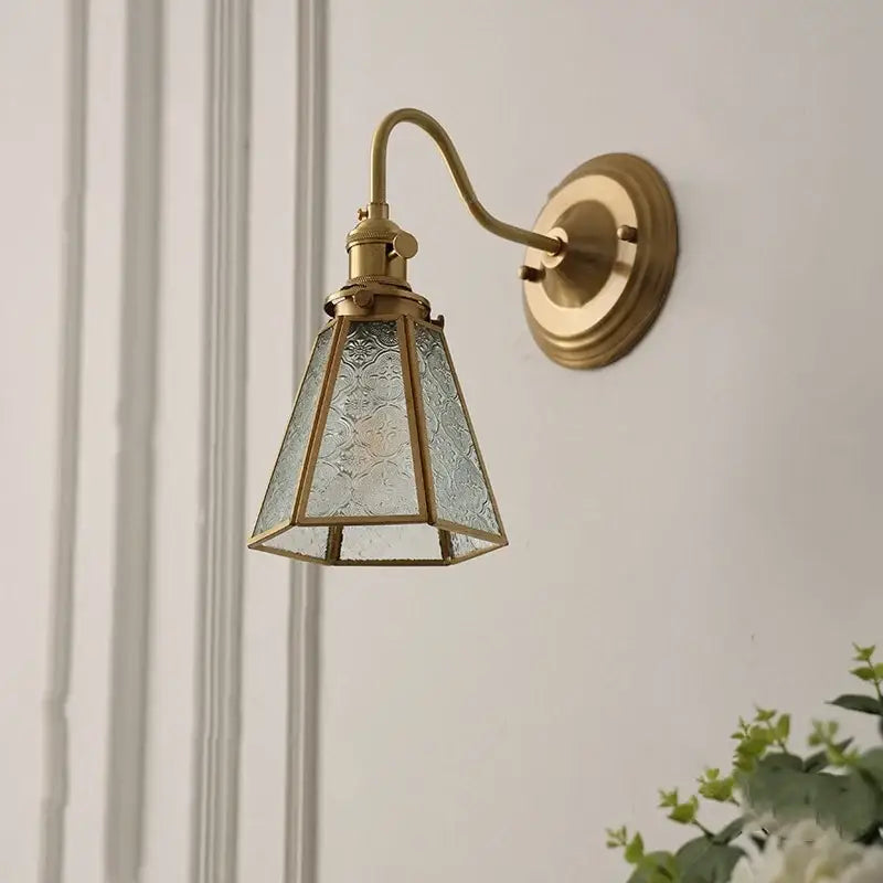 Antique brass blue flower glass led wall sconce bedroom light