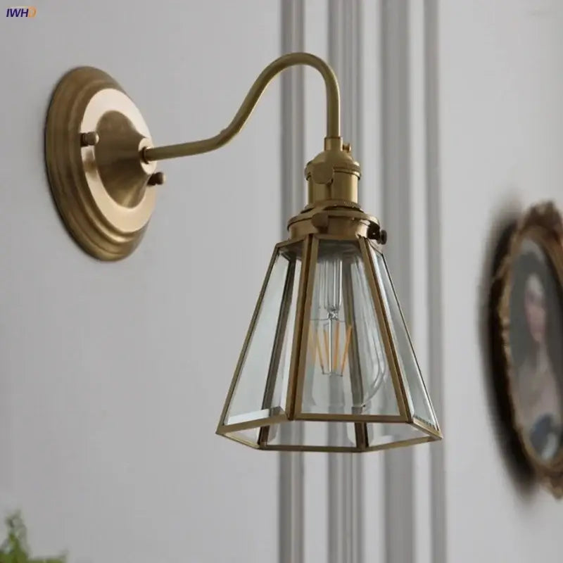 Antique brass blue flower glass led wall sconce bedroom light