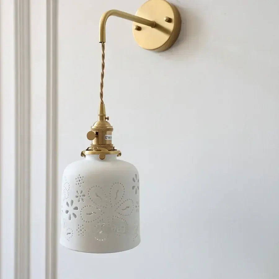 Antique brass ceramic led wall sconce with floral shade for bedroom
