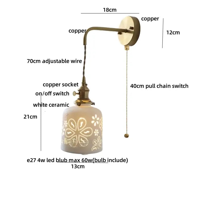 Antique brass ceramic led wall sconce with floral shade for bedroom