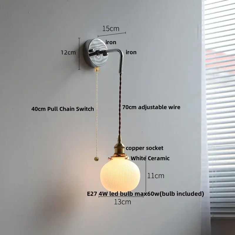 Antique brass ceramic led wall sconce with ribbed glass bedroom light
