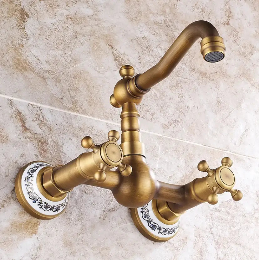 Antique brass ceramic wall mount faucet kitchen vintage porcelain