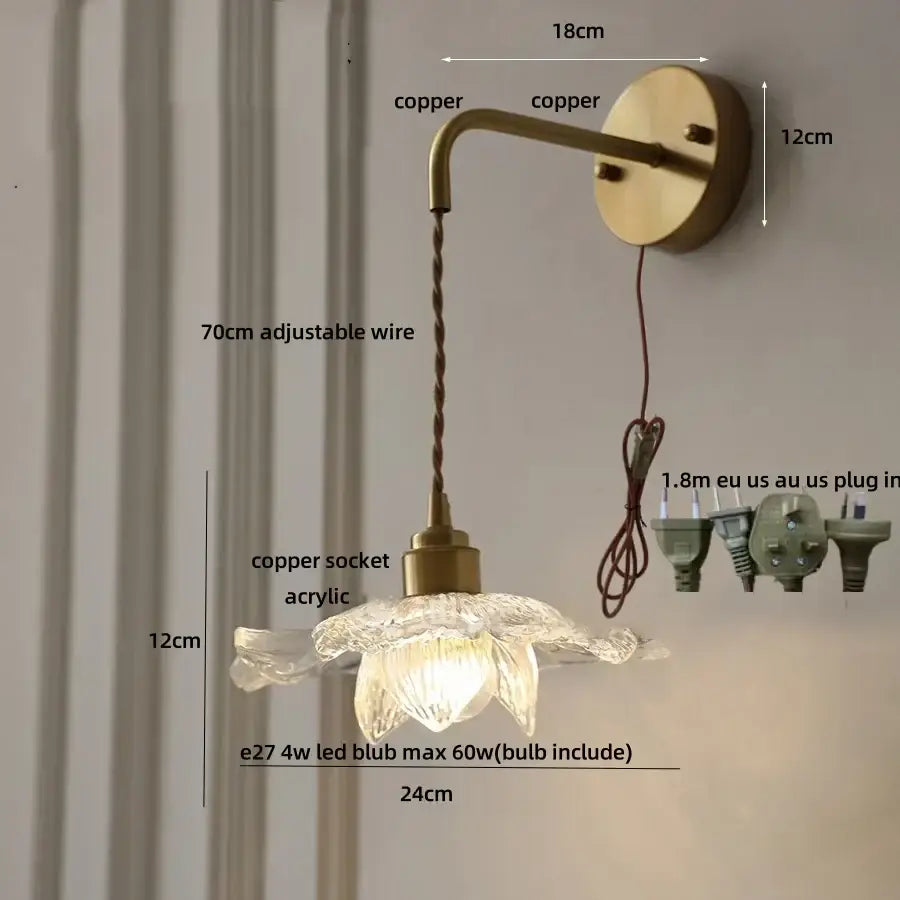 Antique brass clear flower acrylic wall lamp for bedroom stair light