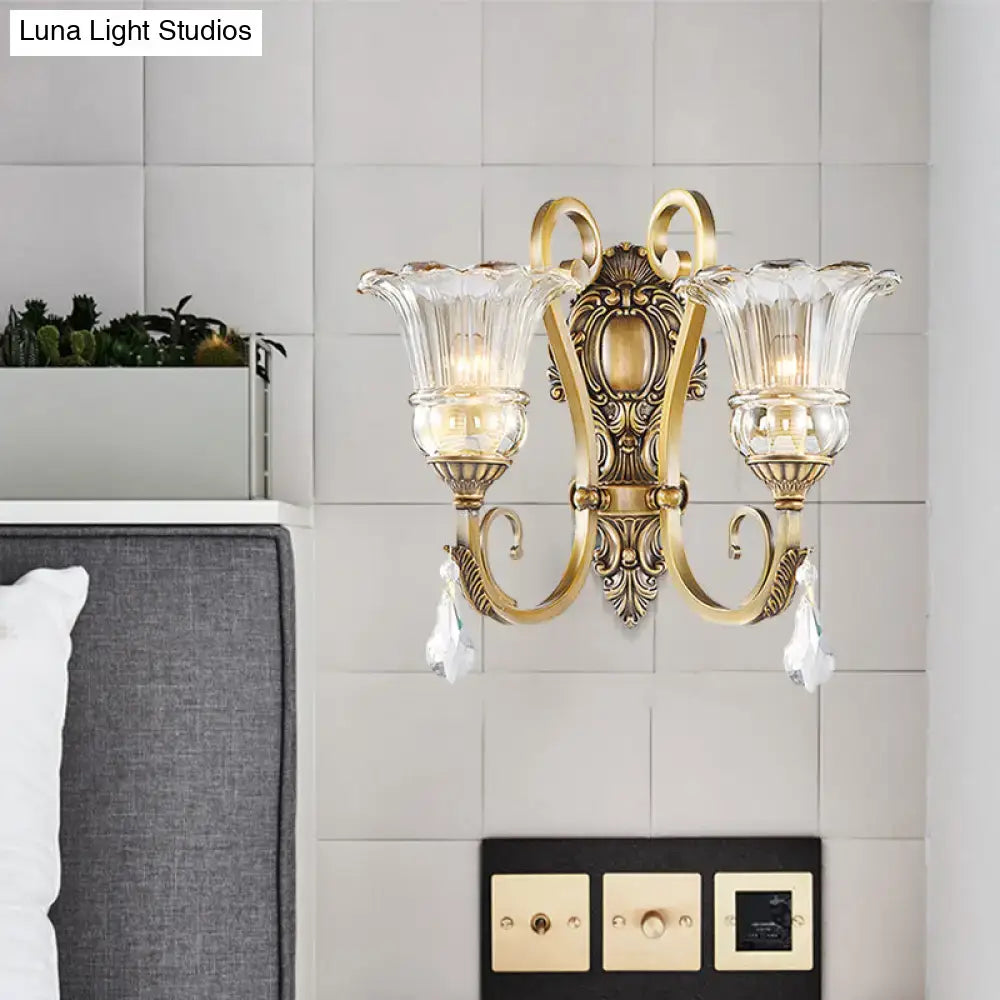 Antique brass crystal drop wall sconce bedroom led light