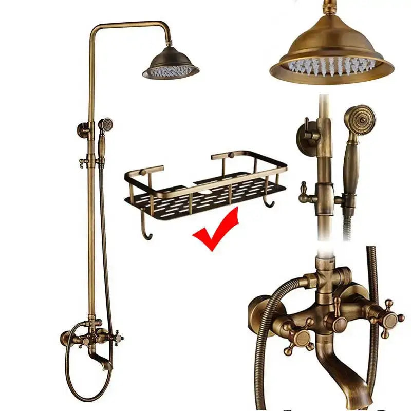 Antique brass dual handle shower faucet set with shelf bathroom