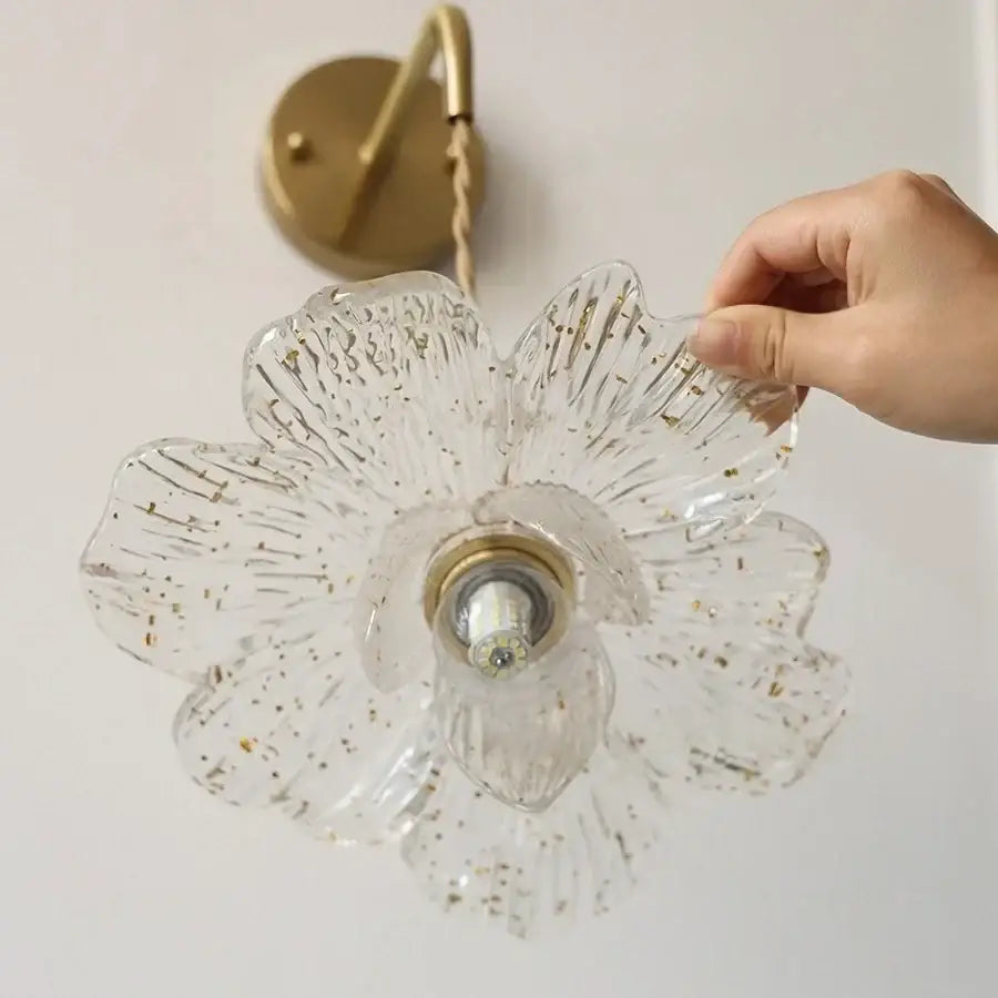 Antique brass flower glass led wall light bedroom sconce with pull chain