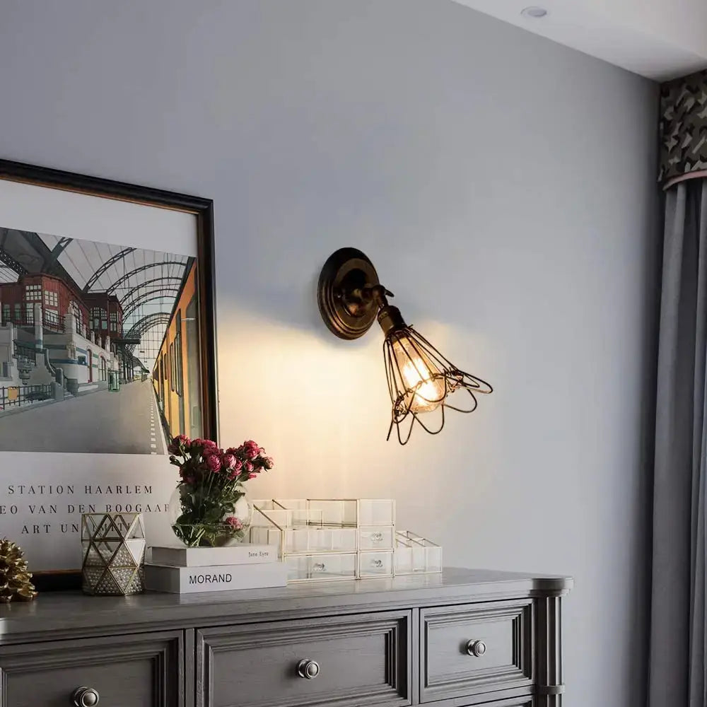 Antique brass industrial cage wall light – bedroom rustic sconce
