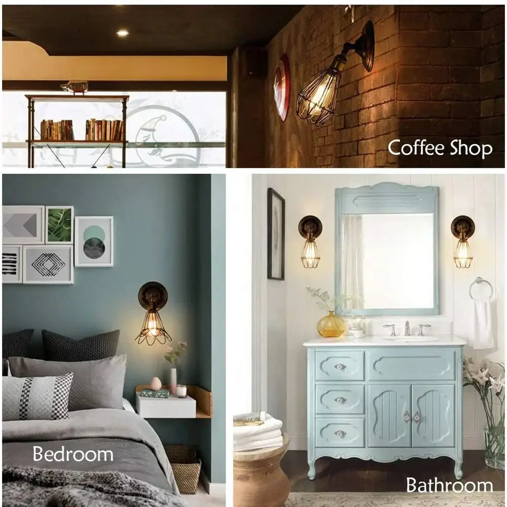 Antique brass industrial cage wall light – bedroom rustic sconce