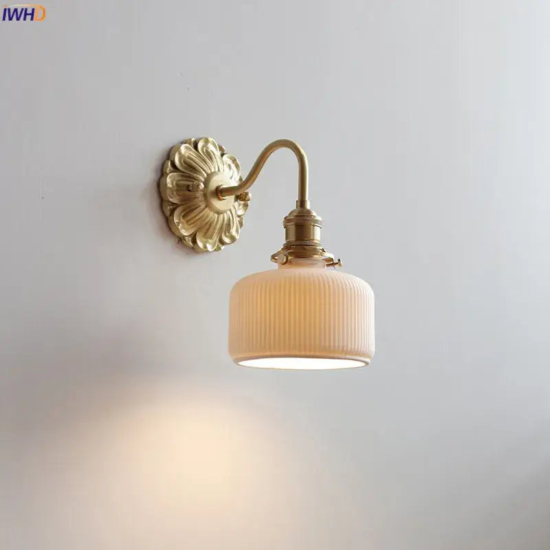 Antique brass ribbed glass wall lights bedroom ceramic led wall