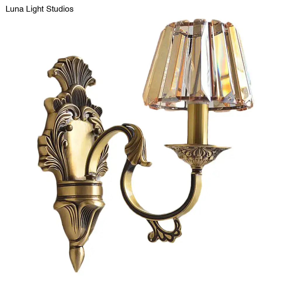 Antique brass wavy arm sconce bedroom wall lamp with crystal shade