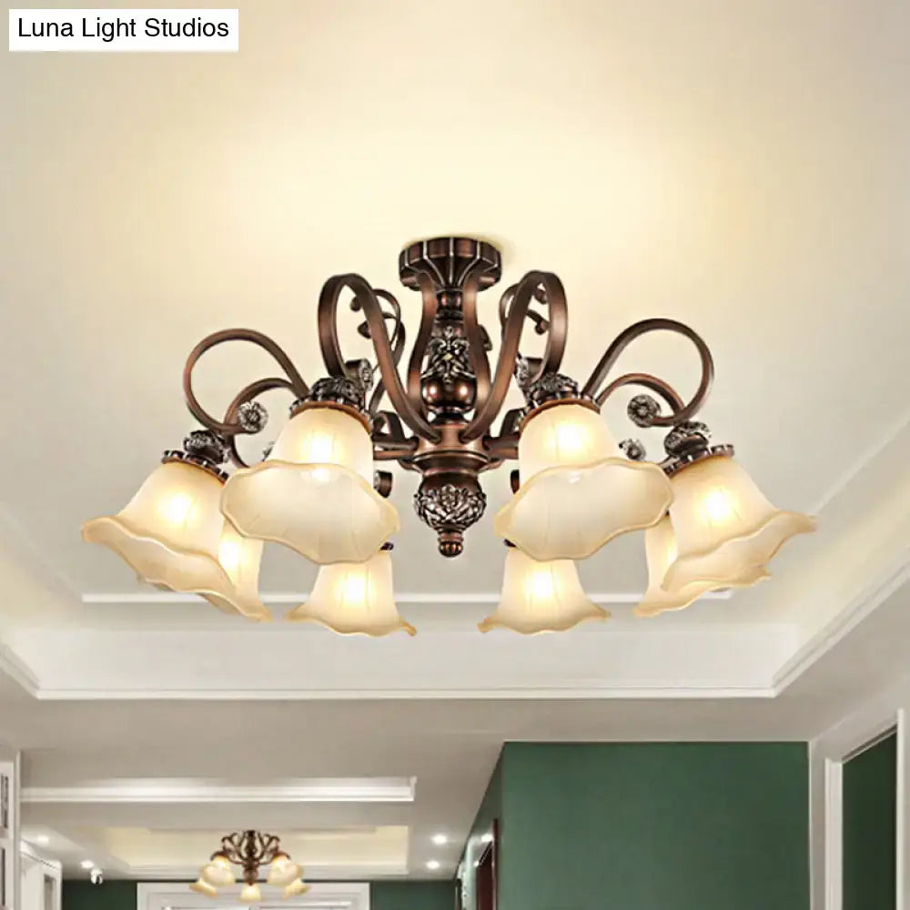 Antique bronze semi flush light with opal glass for living room