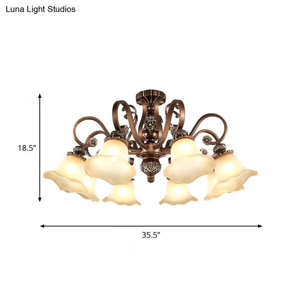 Antique bronze semi flush light with opal glass for living room