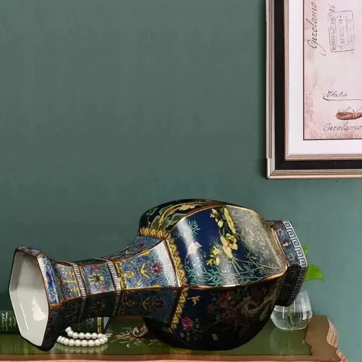 Antique blue & gold floral antique ceramic vase 24cm living room decor