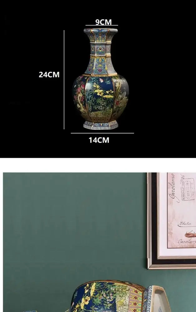 Antique blue & gold floral antique ceramic vase 24cm living room decor