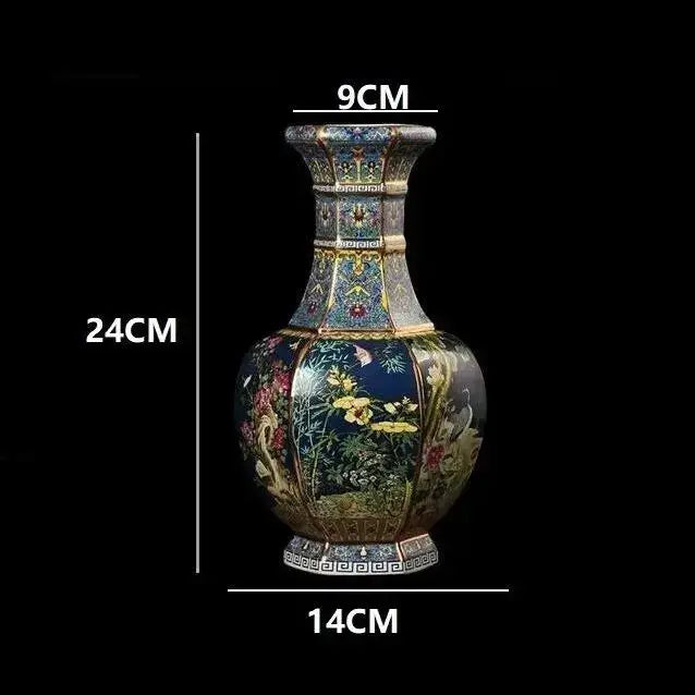 Antique blue & gold floral antique ceramic vase 24cm living room decor
