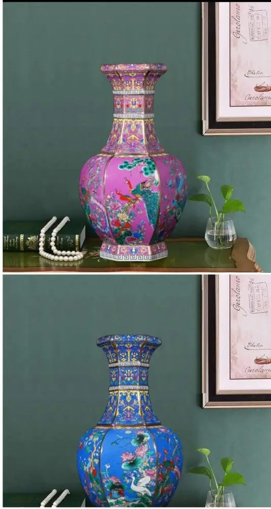 Antique blue & gold floral antique ceramic vase 24cm living room decor