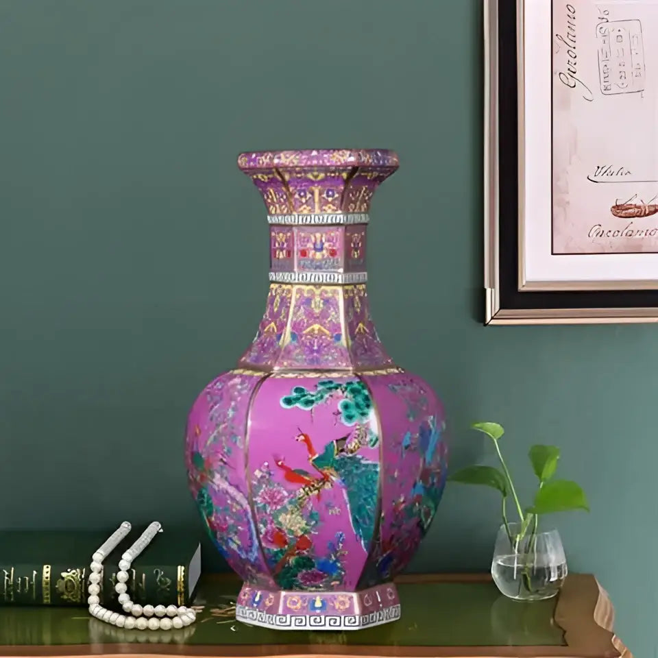 Antique blue & gold floral antique ceramic vase 24cm living room decor
