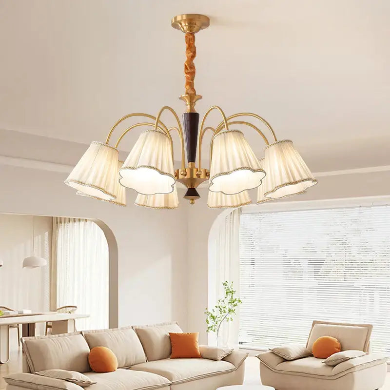 Antique copper chandelier with pleated shades for dining room