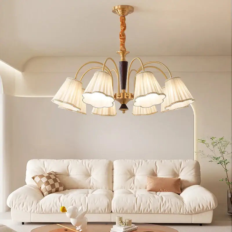 Antique copper chandelier with pleated shades for dining room