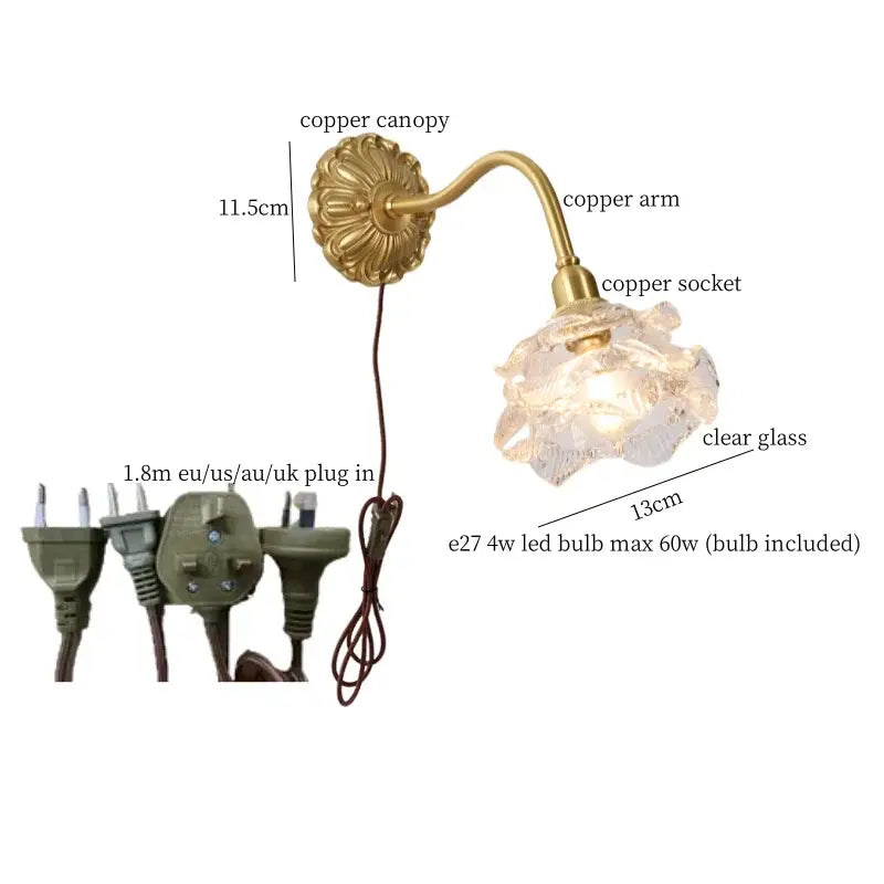 Antique pink rose glass wall lamp bedroom decorbites copper arm