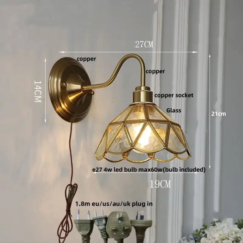 Antique teal glass and brass wall light fixture bedroom sconce