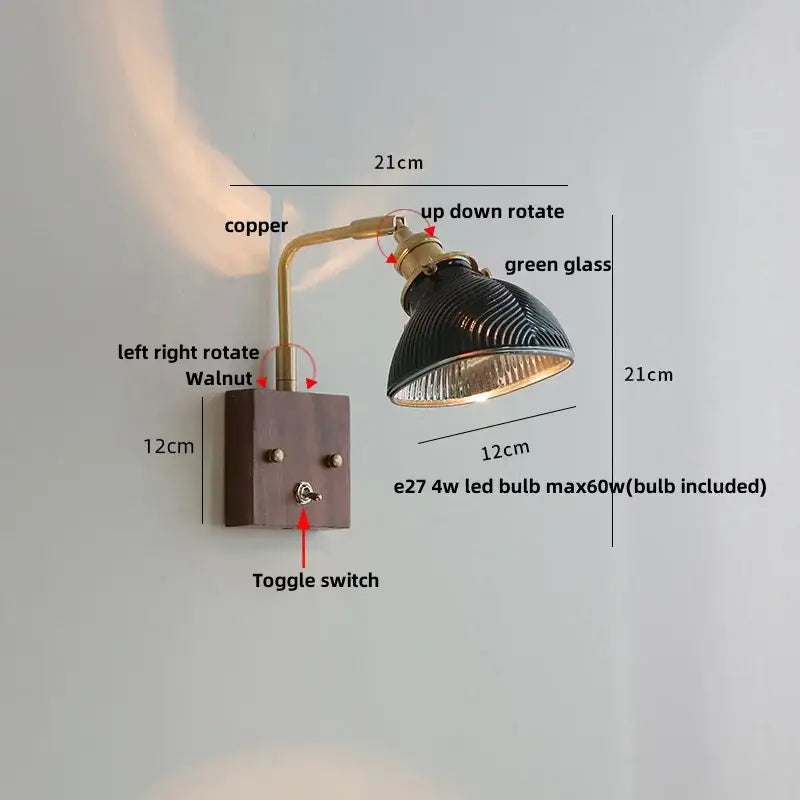 Antique walnut and brass clear glass wall light stair sconce