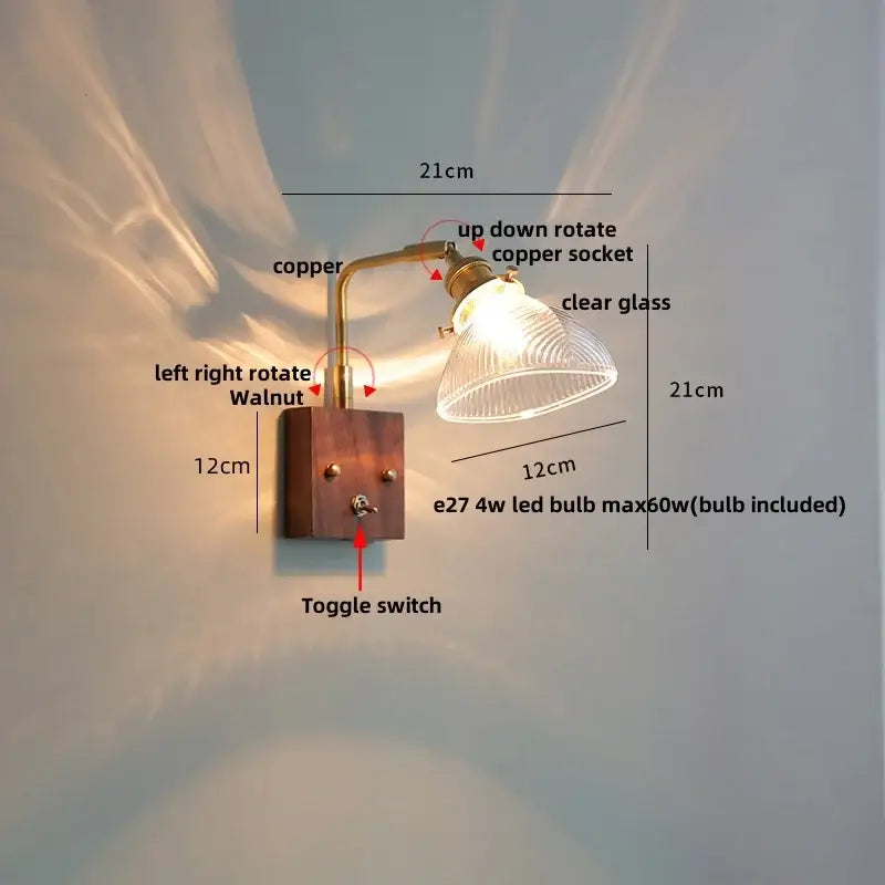 Antique walnut and brass clear glass wall light stair sconce
