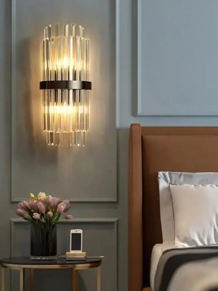 Art deco black & gold stainless wall sconce bedroom ribbed glass