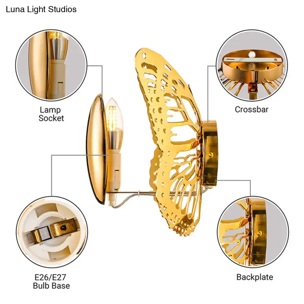 Art deco gold butterfly wall sconce kids room metal lamp