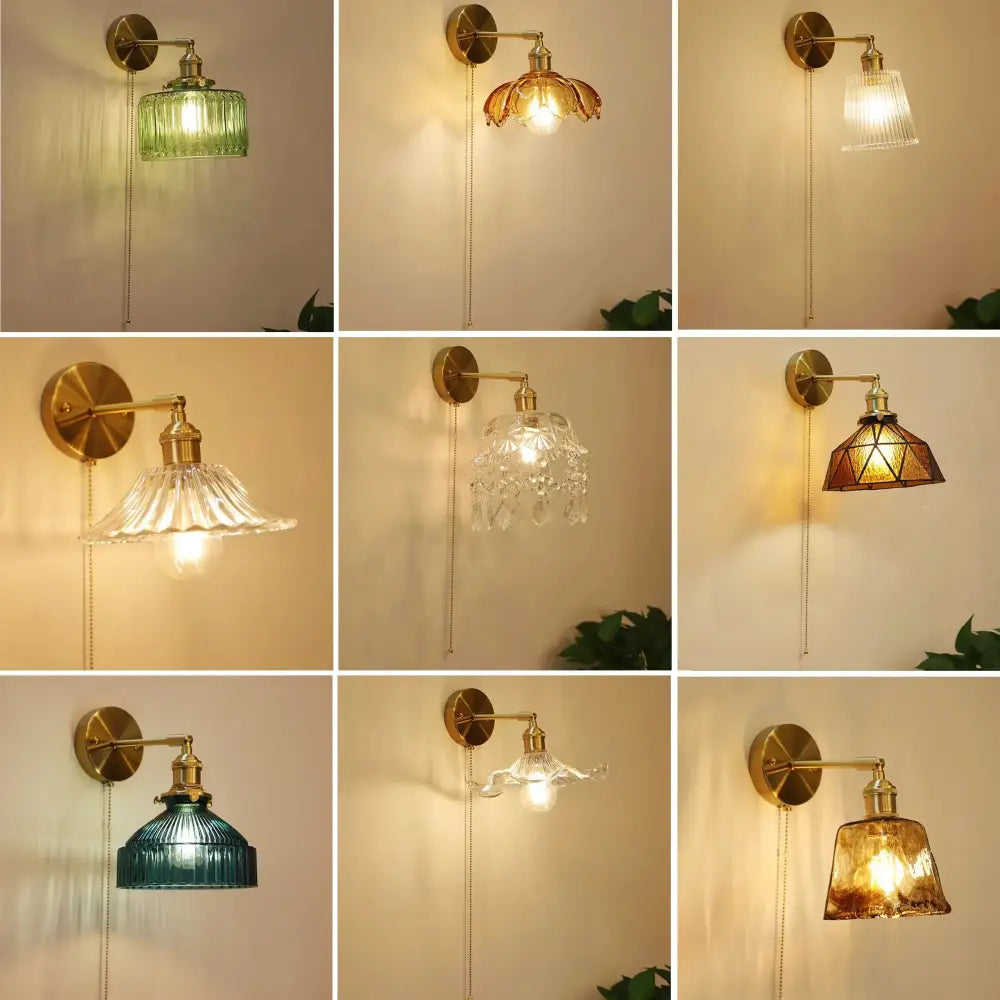 Art deco led wall lamp with glass shade bedroom brass sconce