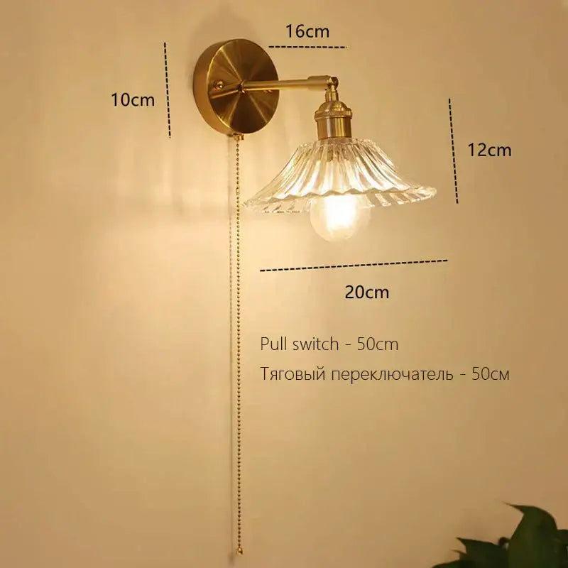 Art deco led wall lamp with glass shade bedroom brass sconce