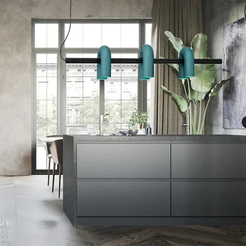 Art deco teal metal 3 light pendant – dining room chandelier