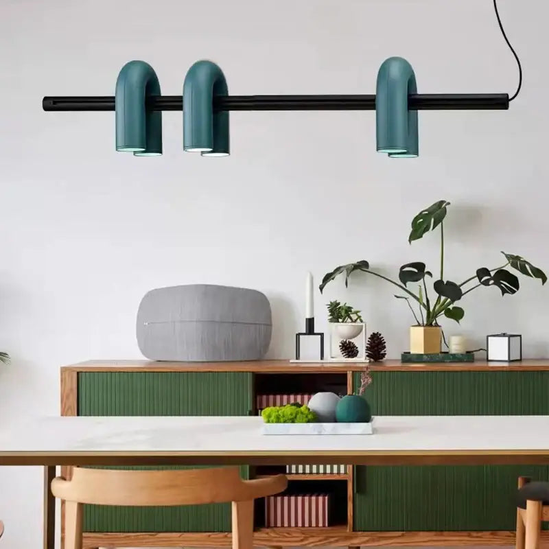 Art deco teal metal 3 light pendant – dining room chandelier