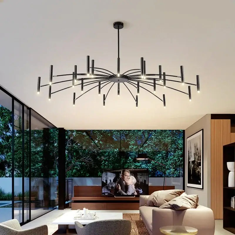 Art pendant chandelier black metal slender arm light living room
