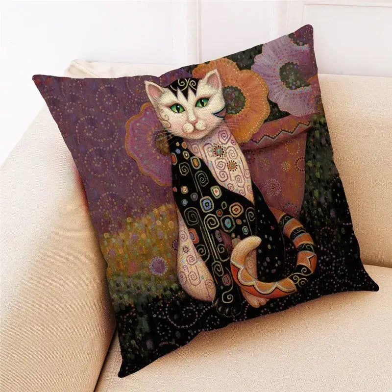 Artistic cat print black cushion covers set of 4 living room decor