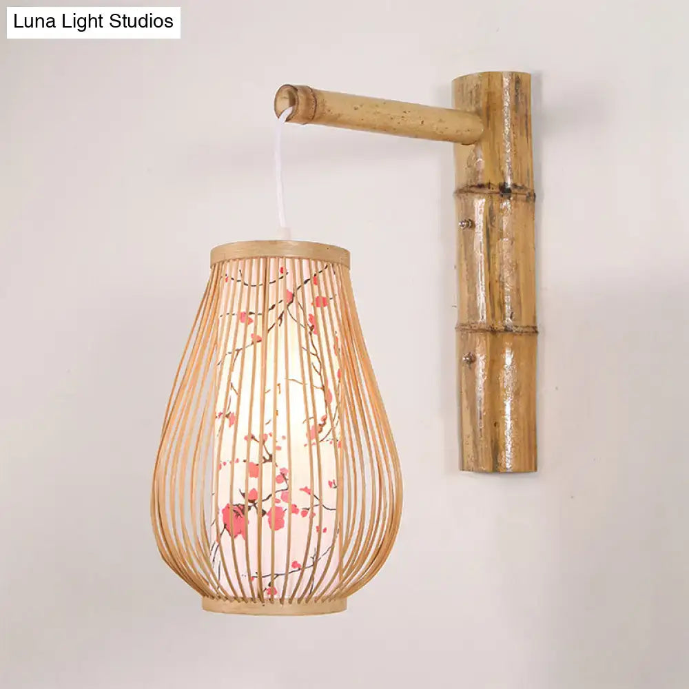 Asian pink cherry blossom bamboo teardrop sconce bedroom wall lamp