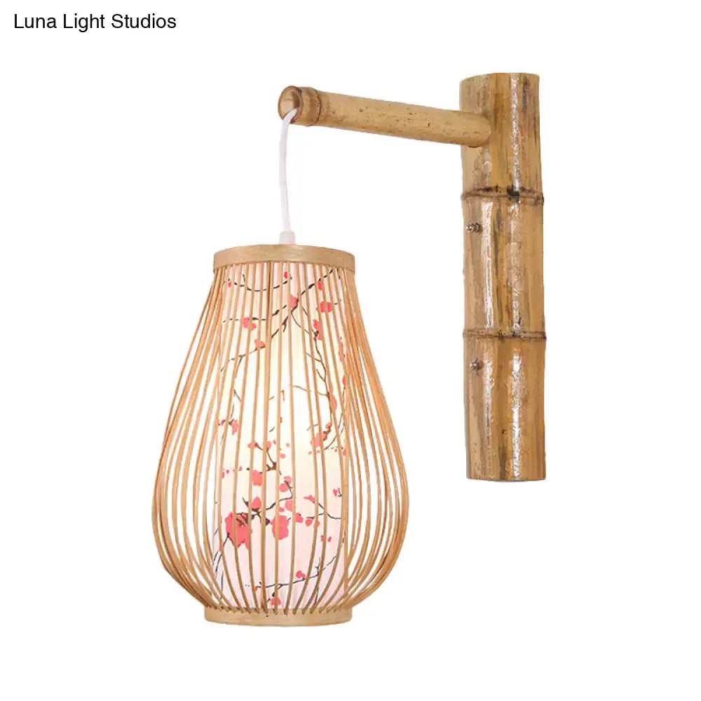 Asian pink cherry blossom bamboo teardrop sconce bedroom wall lamp