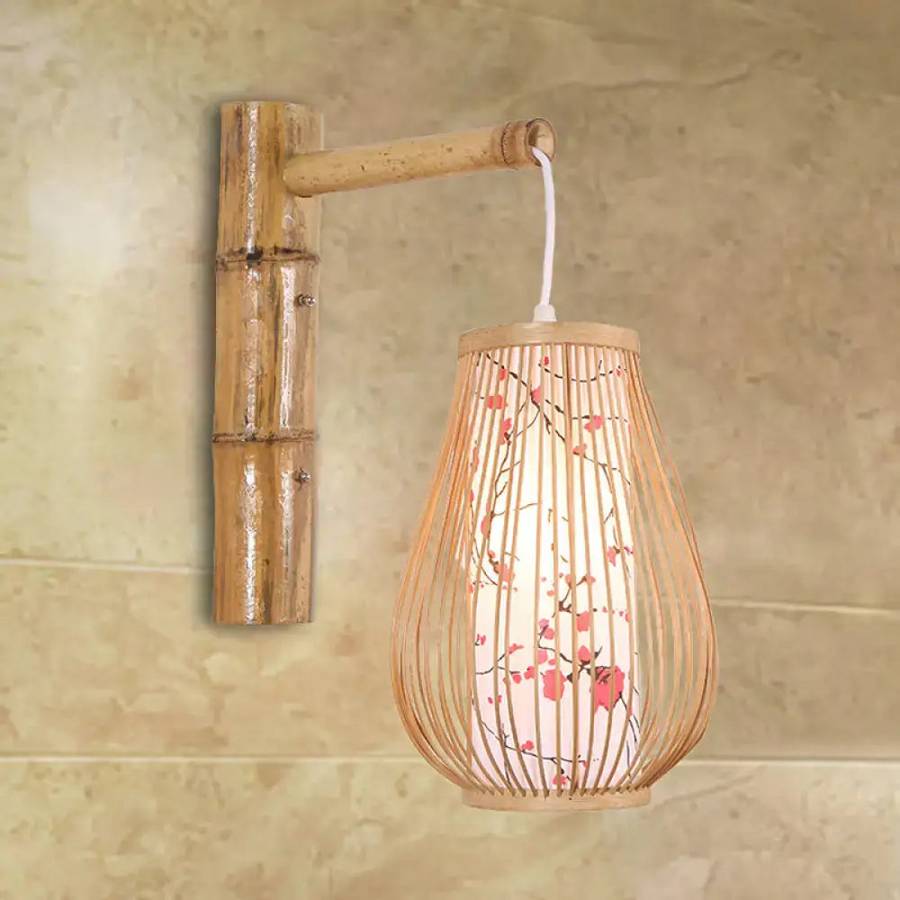 Asian pink cherry blossom bamboo teardrop sconce bedroom wall lamp