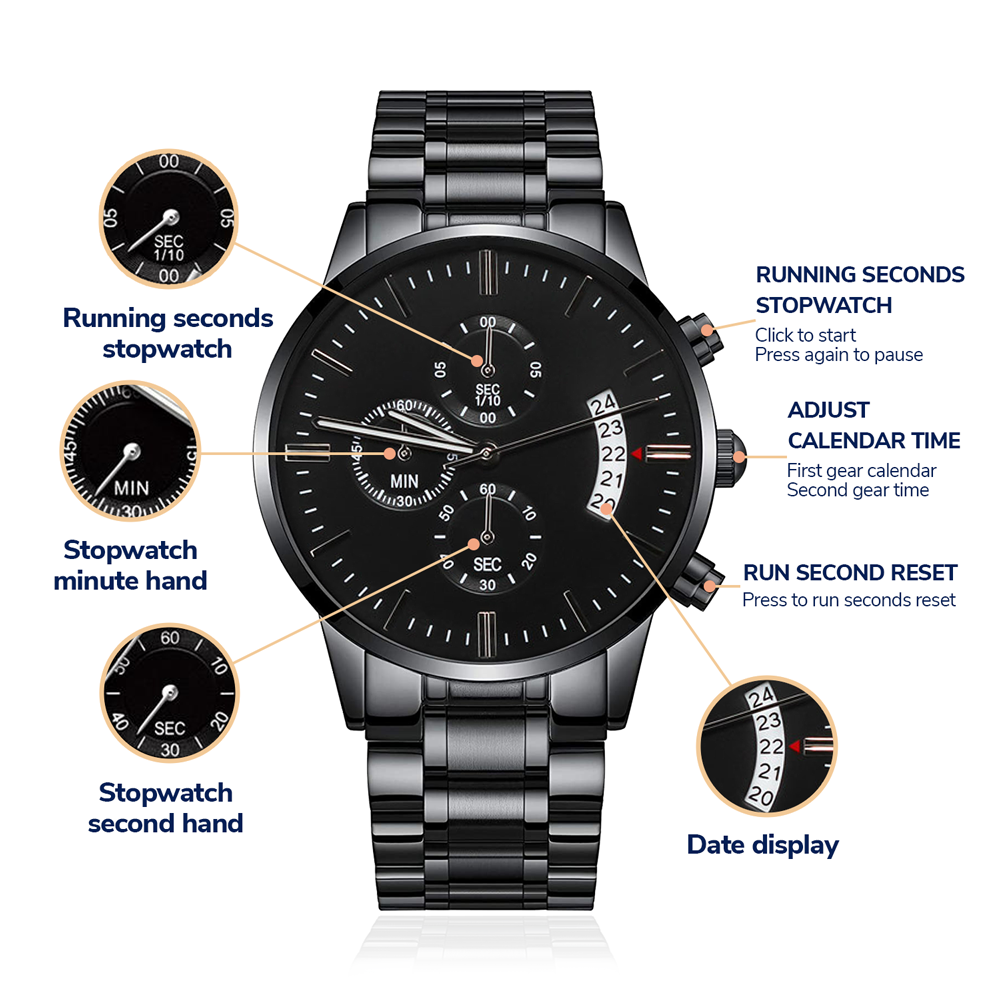 Veteran Strong™ Black Chronograph Steel Watch | Engraved Military Tribute Timepiece