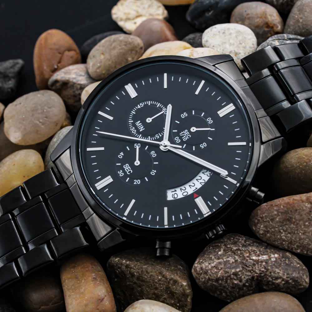 Veteran Strong™ Black Chronograph Steel Watch | Engraved Military Tribute Timepiece