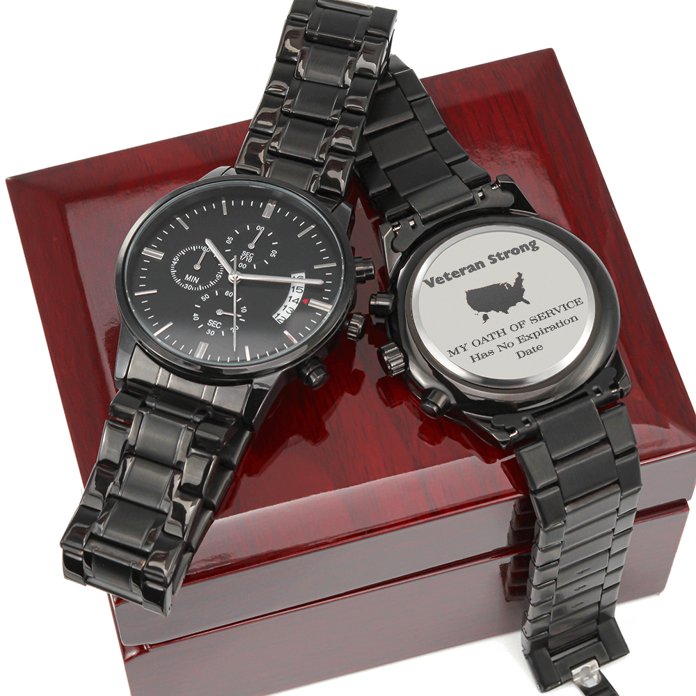 Veteran Strong™ Black Chronograph Steel Watch | Engraved Military Tribute Timepiece