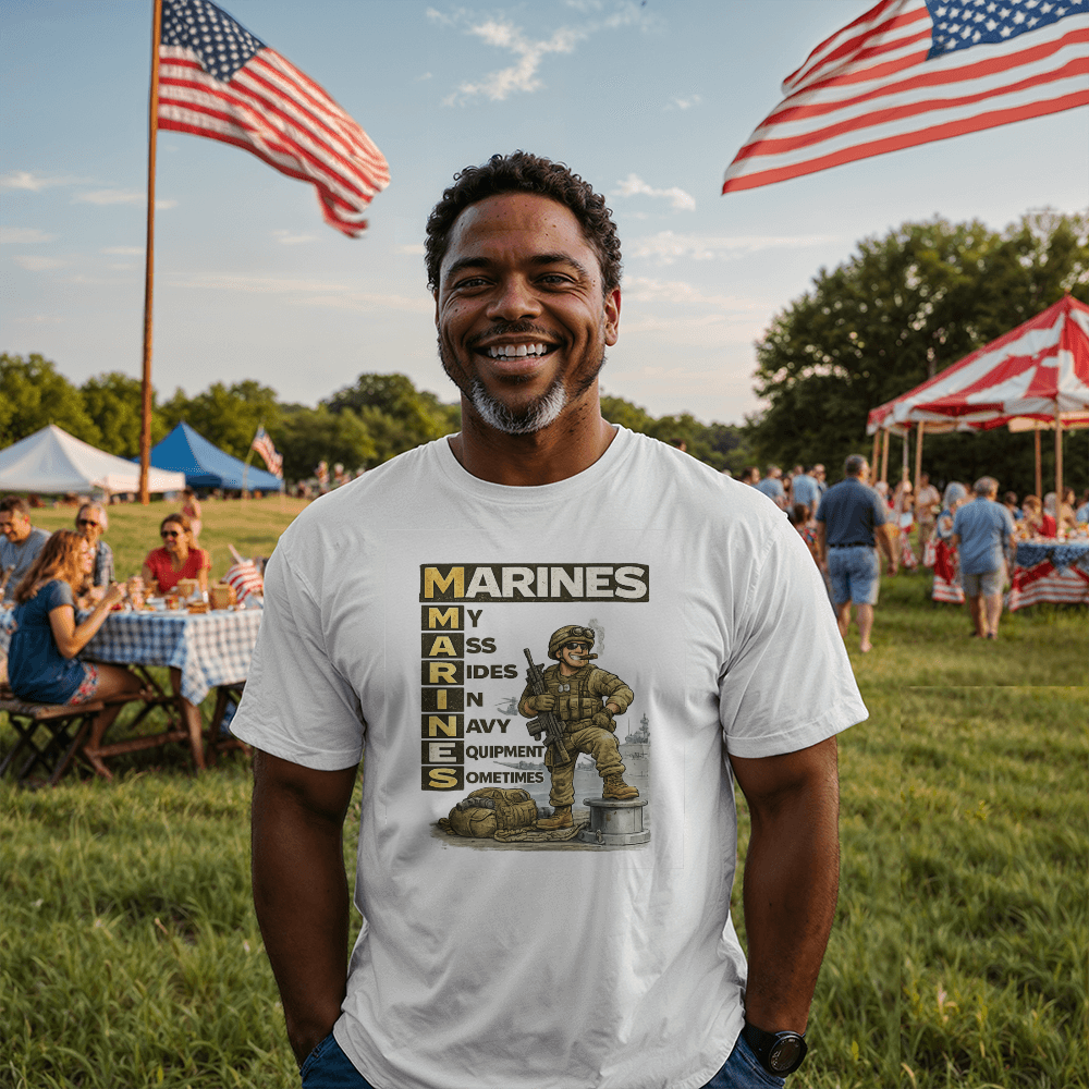 Funny Marines Shirt – Marines: My Ass Rides In Navy Equipment Sometimes | Marine Corps Humor Tee | USMC Veteran Gift