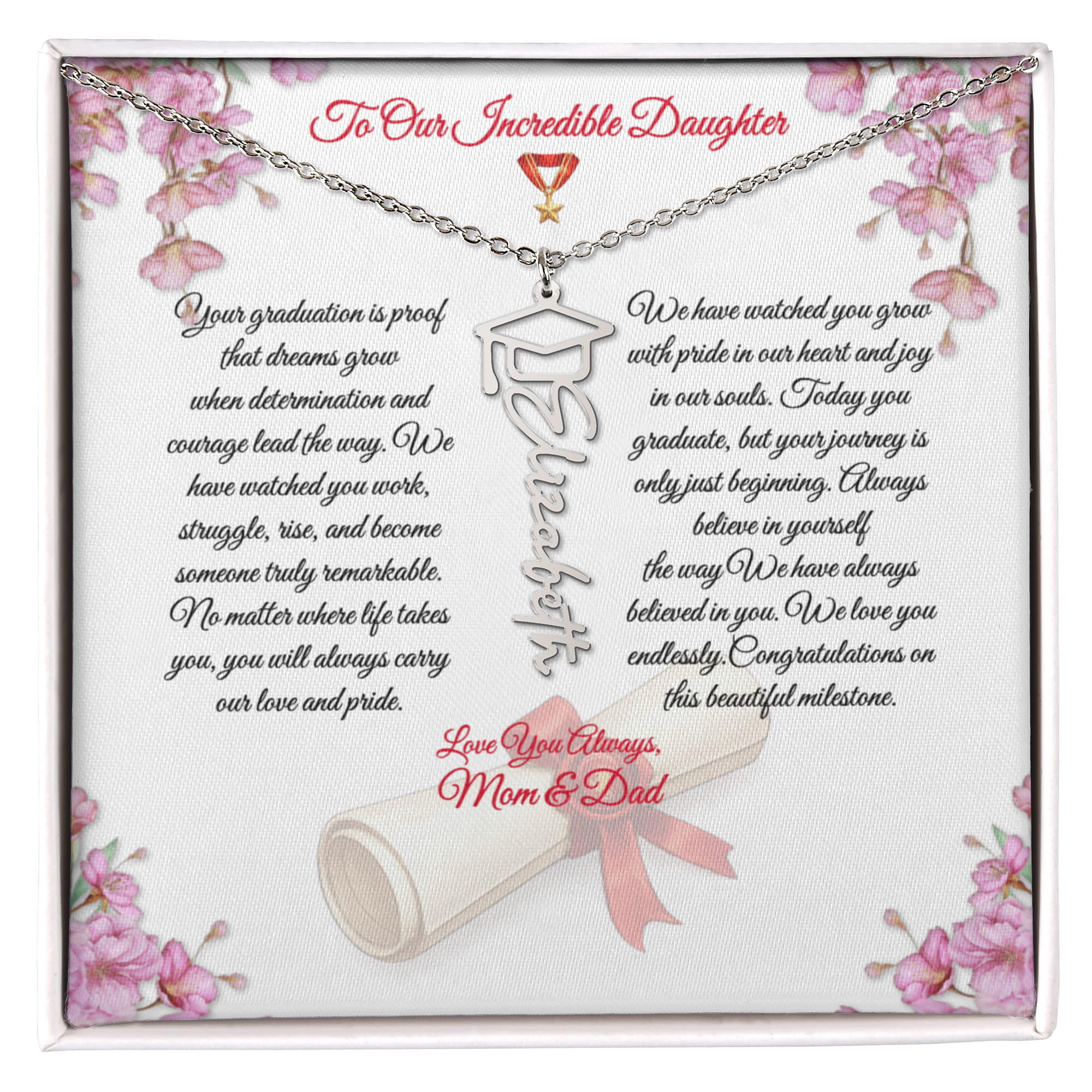 Graduation Name Necklace for Daughter – Personalized Gift from Mom & Dad | Class of 2026 Graduation Jewelry