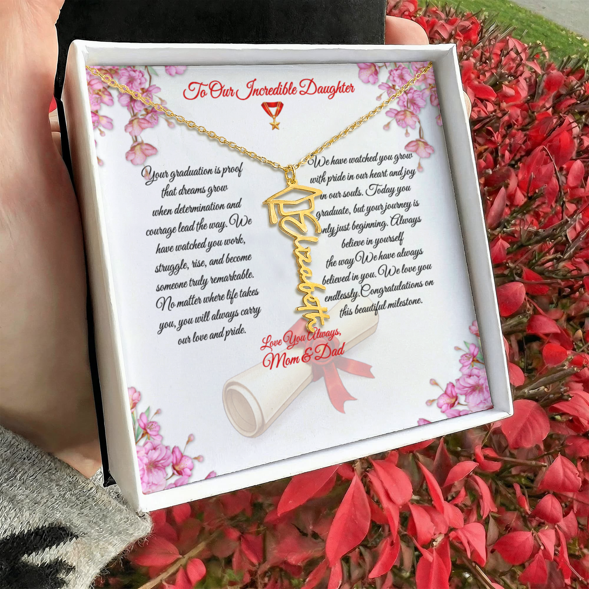 Graduation Name Necklace for Daughter – Personalized Gift from Mom & Dad | Class of 2026 Graduation Jewelry