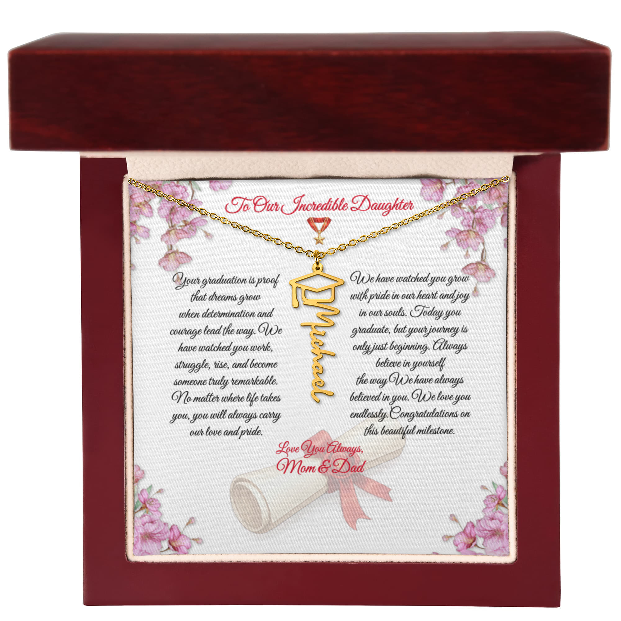 Graduation Name Necklace for Daughter – Personalized Gift from Mom & Dad | Class of 2026 Graduation Jewelry
