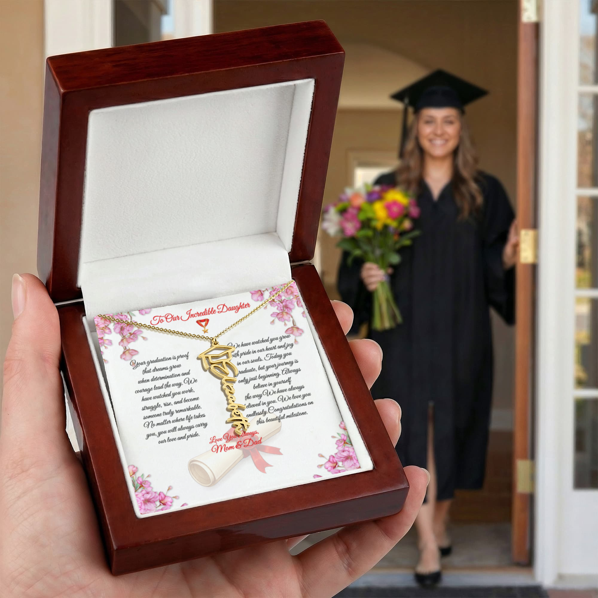 Graduation Name Necklace for Daughter – Personalized Gift from Mom & Dad | Class of 2026 Graduation Jewelry