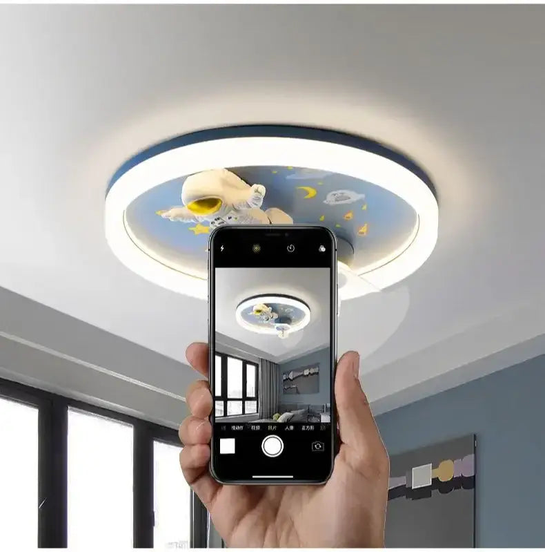 Astronaut blue & yellow ceiling fan light bedroom space fixture